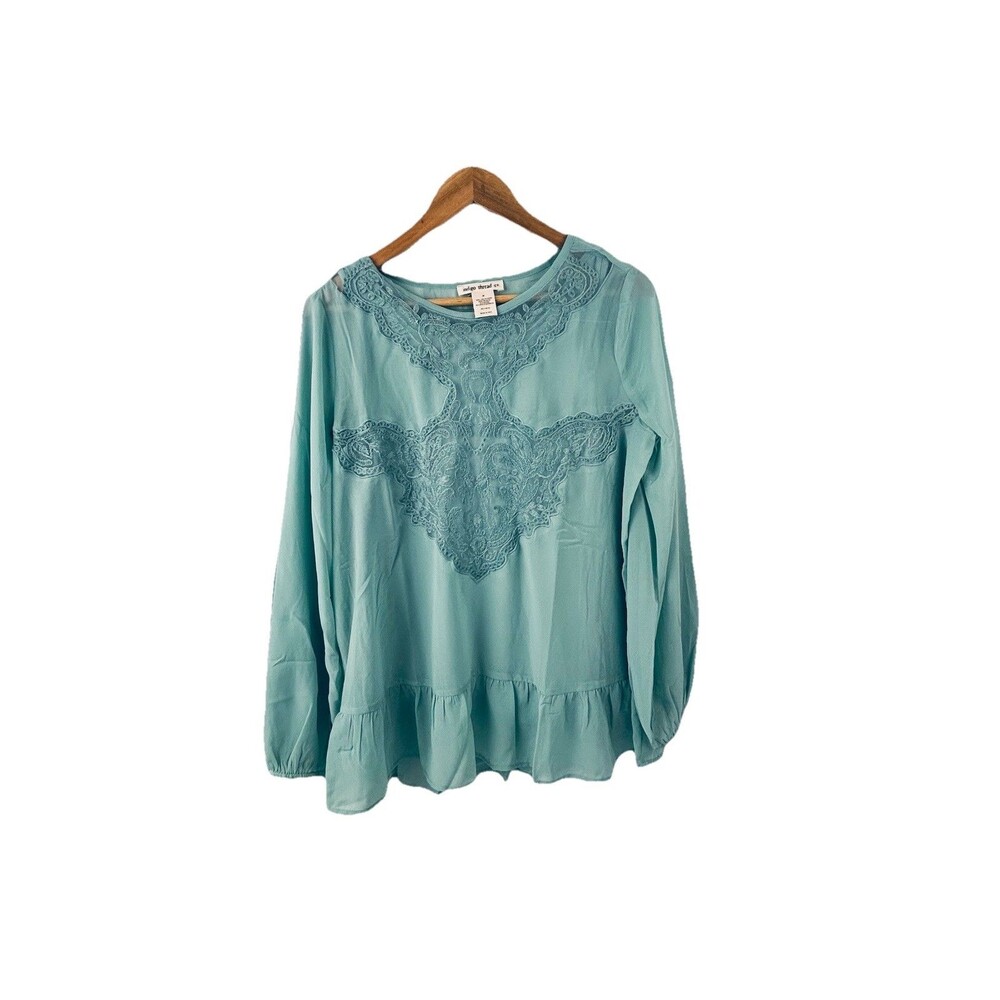 Indigo Thread Co Mint Lace Yoke Peplum Blouse Womens M Sheer Long Sleeve Lined